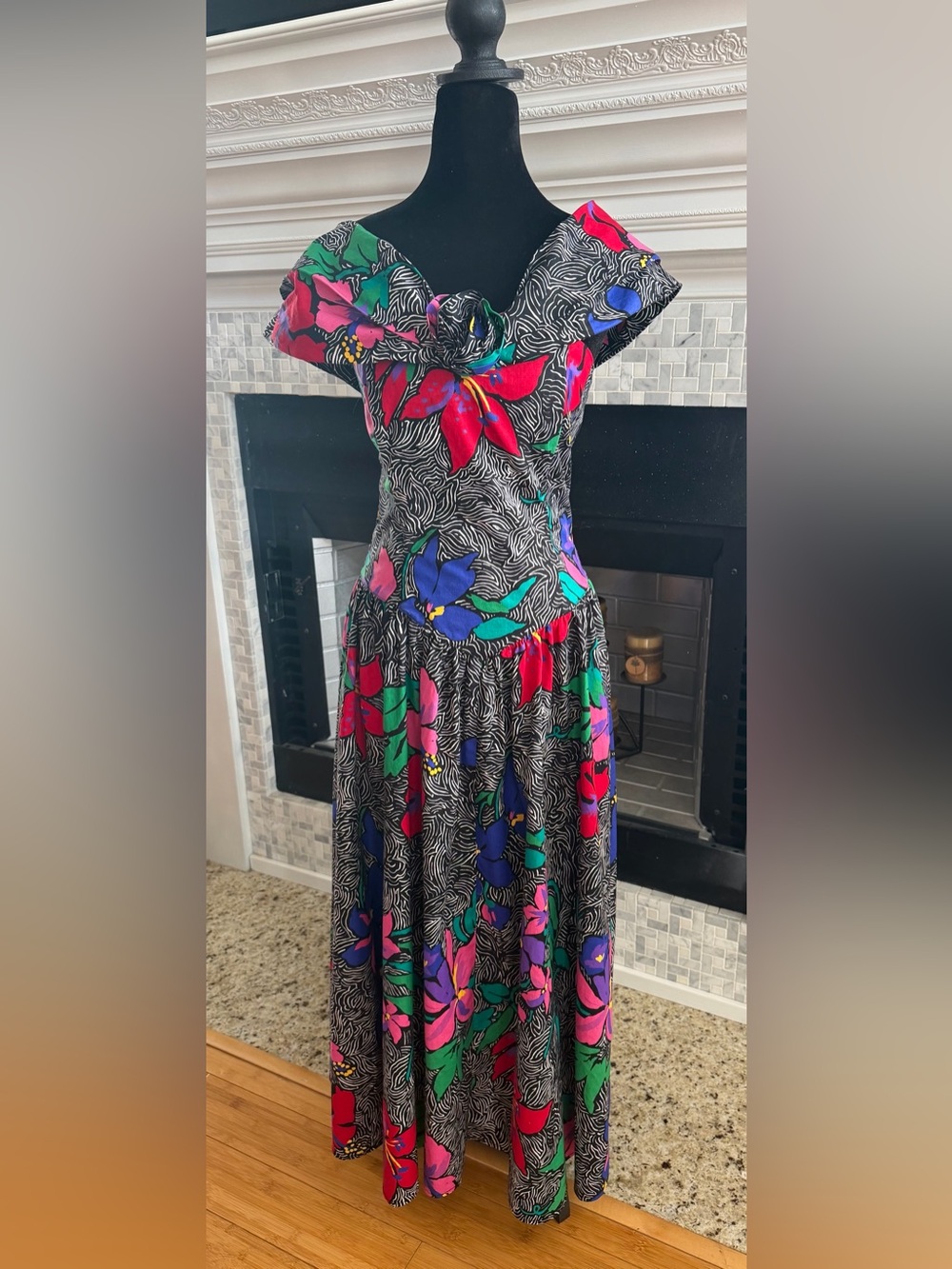 Vintage Robbie Bee Black Maxi Dress with Red, Pink, Blue & Green Floral Print